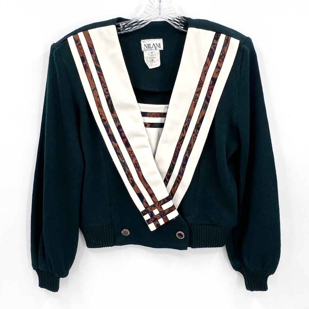 NILANI Petite Women's S Vintage 80s Dark Green Sailor-Collar Waisted Sweater USA